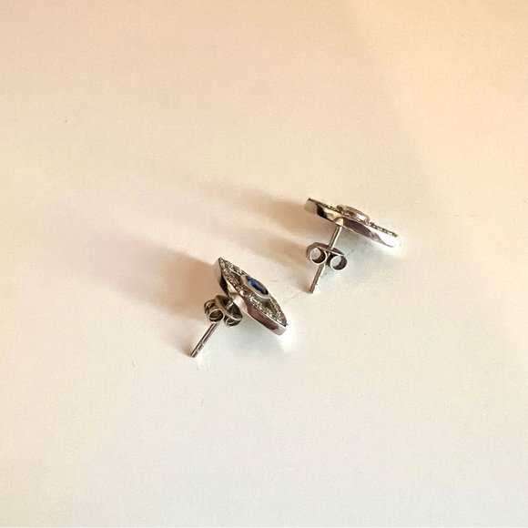Solid 925 Silver Created Sapphire and Swarovski Crystals Evil Eye Studs - Picture 4 of 5